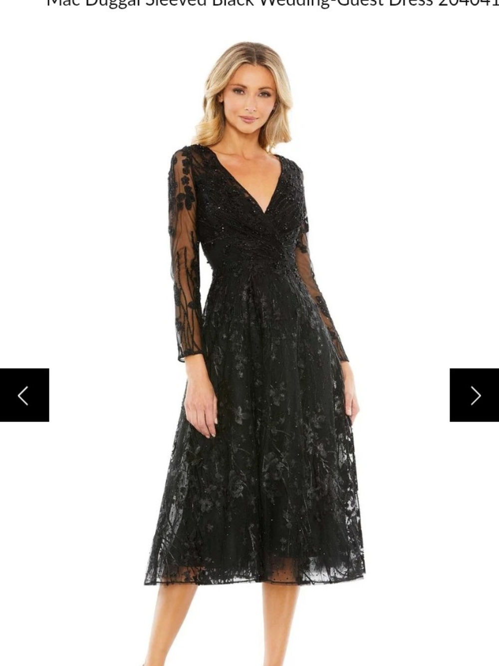 Mac Duggal Black Lace V-Neck Midi Dress with Sheer Floral Sleeves